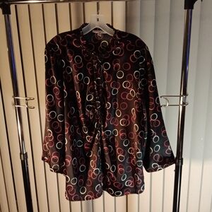 Red and Black Blouse w/Ruffles and creative designs circles.